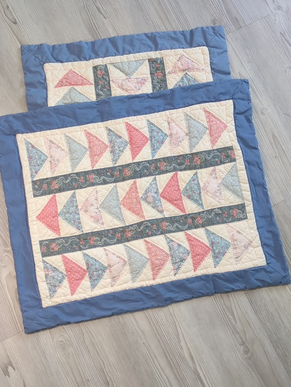 Vintage Patchwork Quilted Pillowcases Set of 2 Standard Blue Pink Floral Cottage